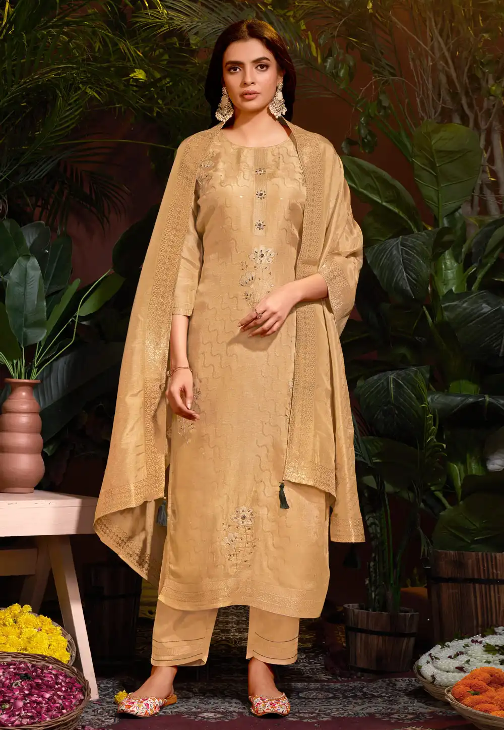 Beige Viscose Readymade Pant Style Suit 288142