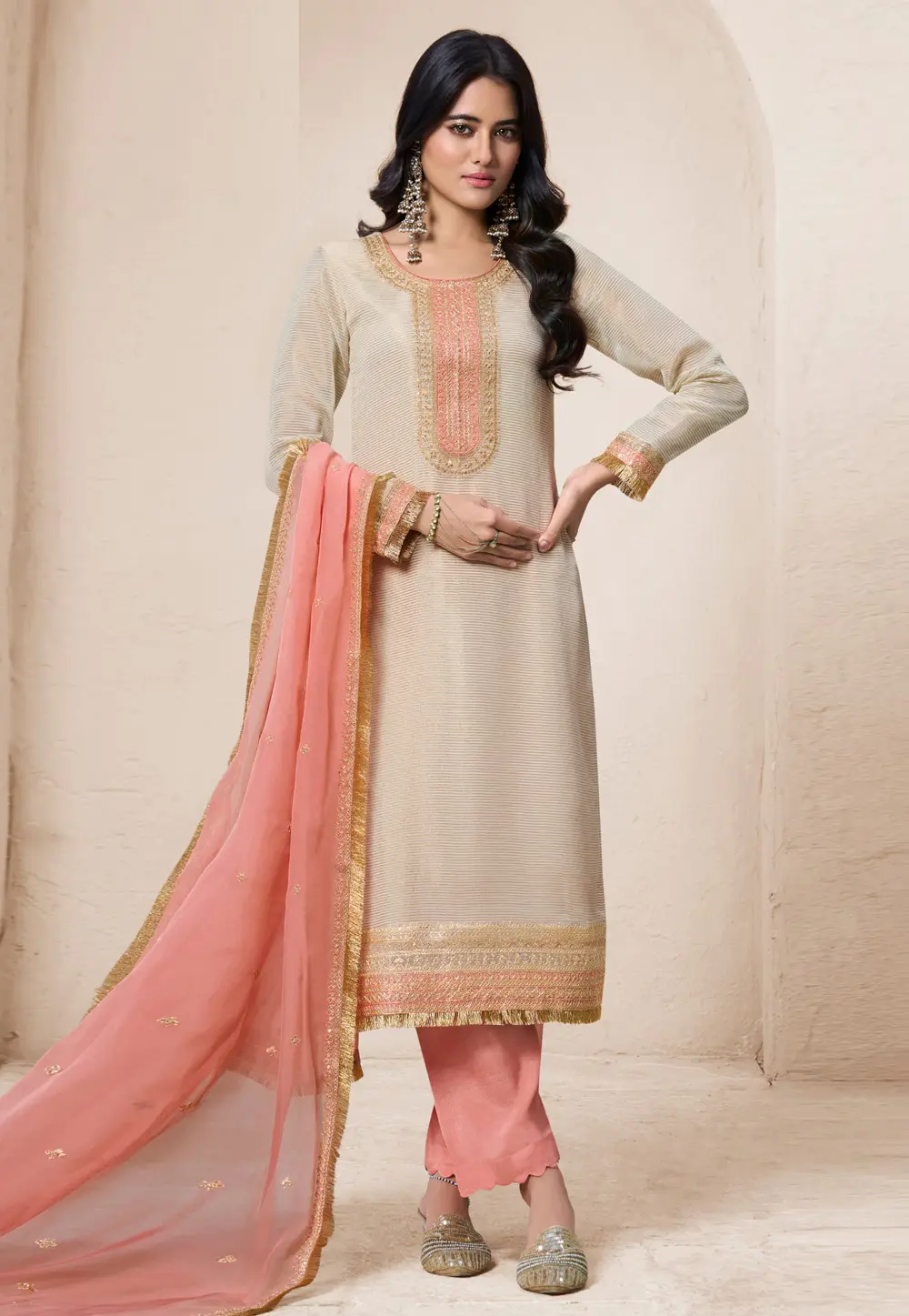 Beige Viscose Straight Suit 297439