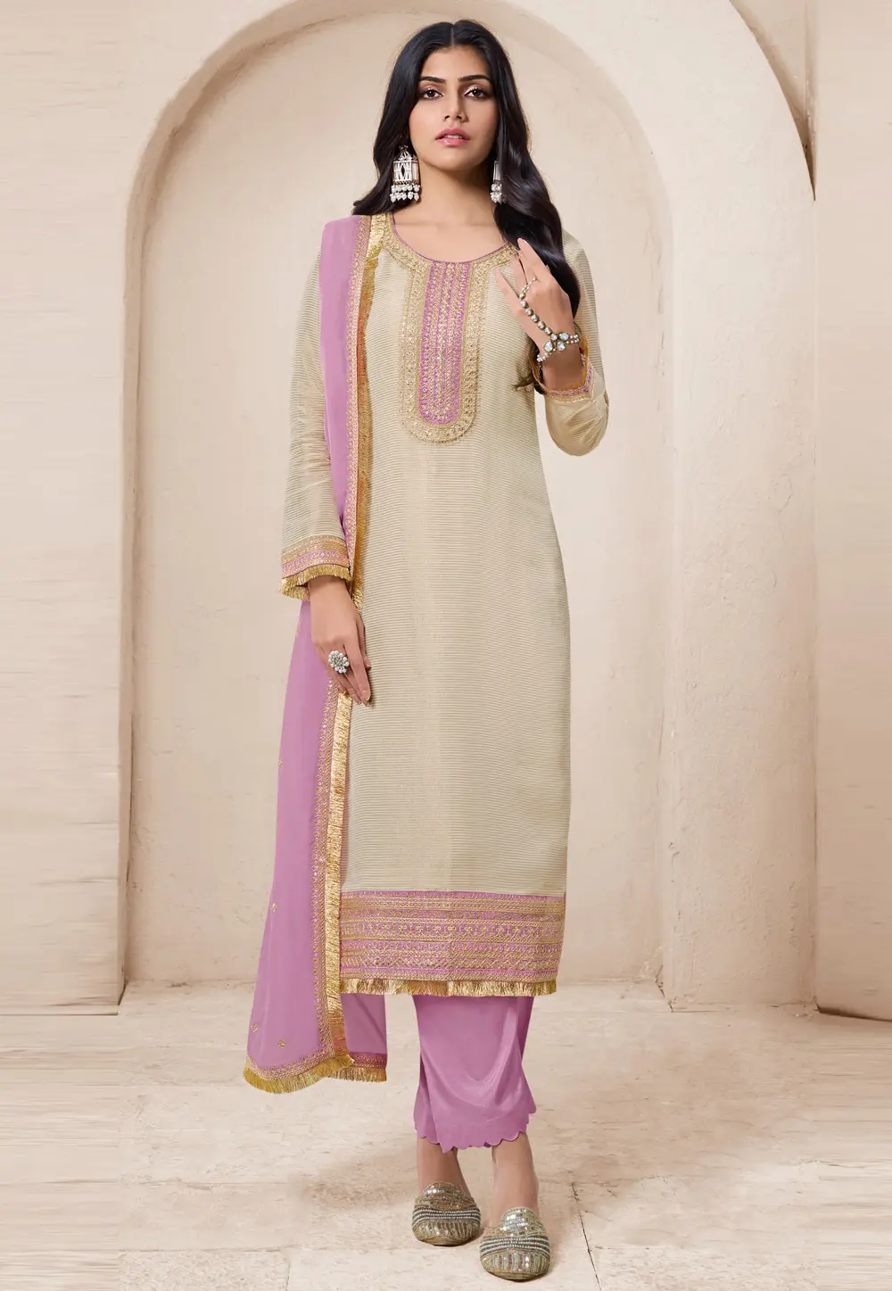 Beige Viscose Straight Suit 297442