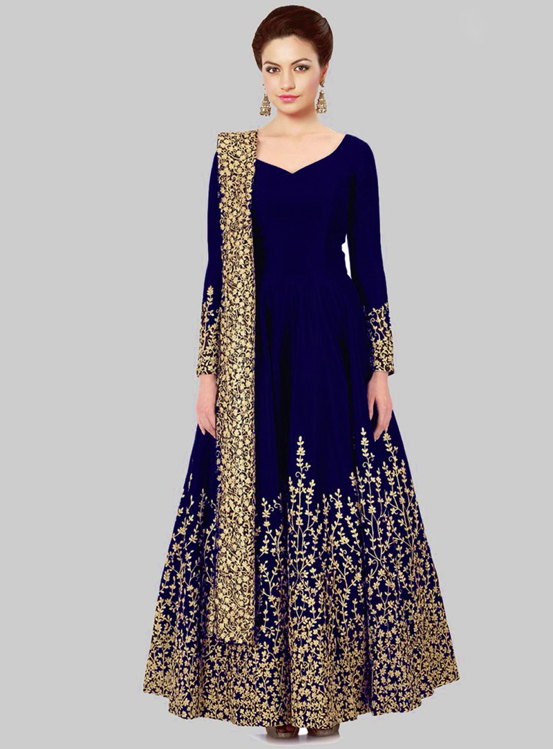 Blue Taffeta Silk Ankle Length Anarkali Suit 133770