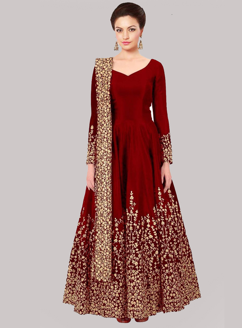 Red Taffeta Silk Ankle Length Anarkali Suit 133771