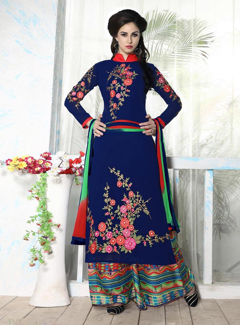 Navy Blue Georgette Palazzo Style Suit 79266