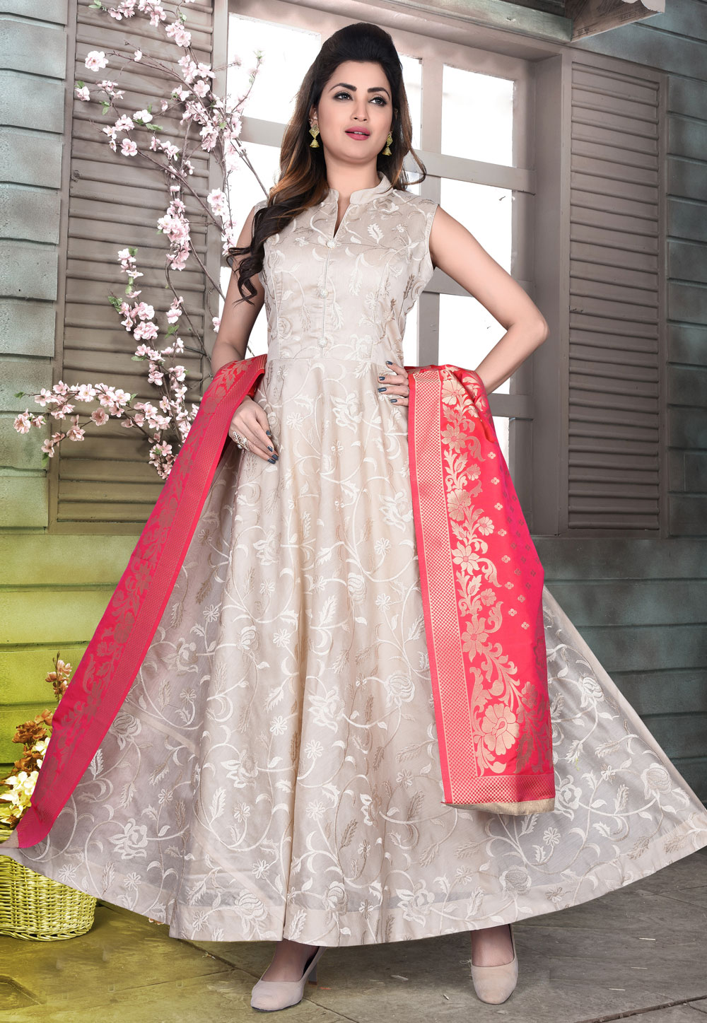 Beige Cotton Readymade Ankle Length Anarkali Suit 172119