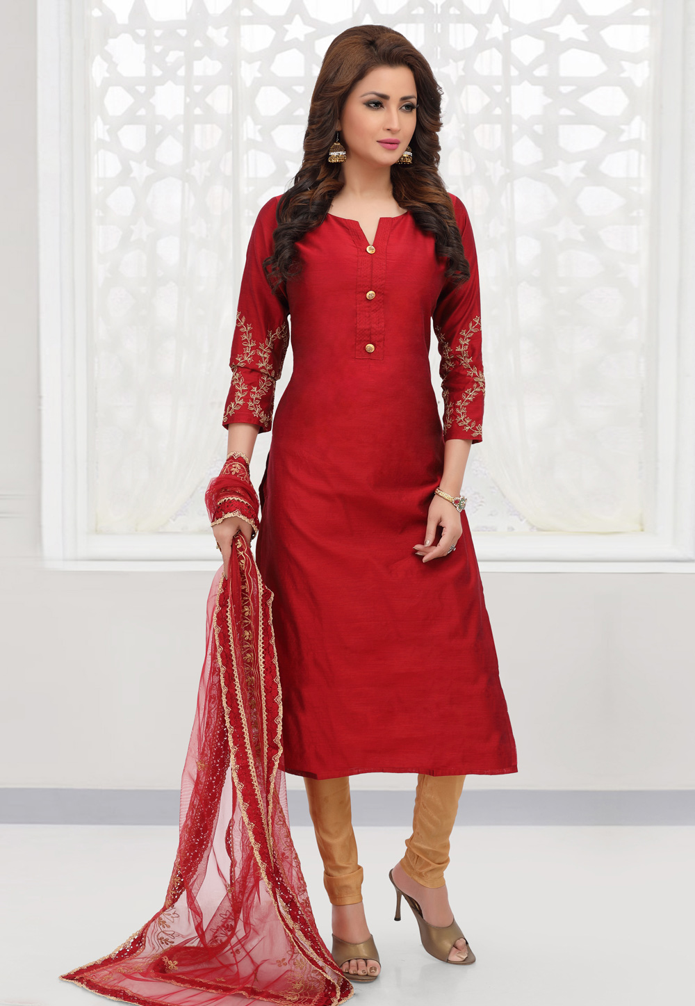 Red Cotton Readymade Churidar Salwar Kameez 172134