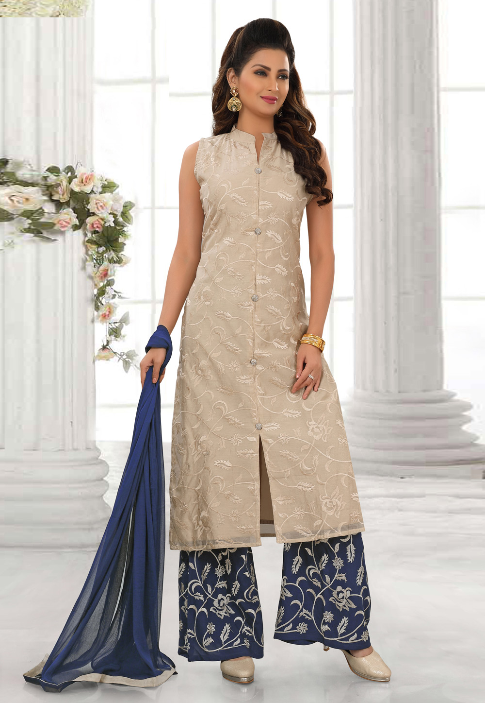 Beige Cotton Silk Readymade Palazzo Suit 210908