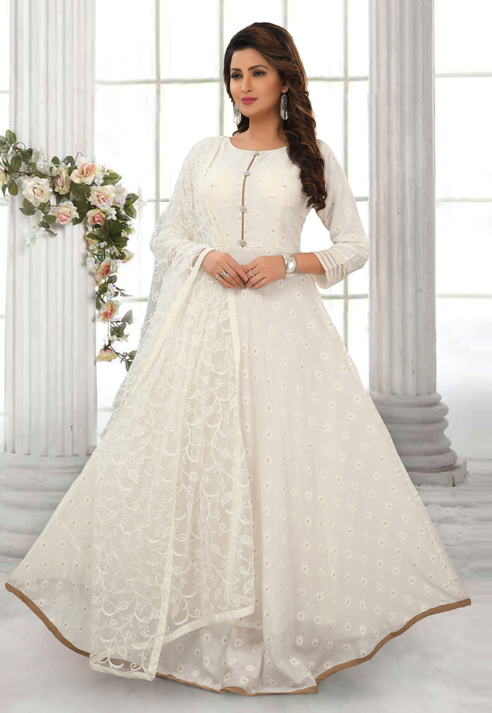 White Cotton Readymade Floor Length Anarkali Suit 190181