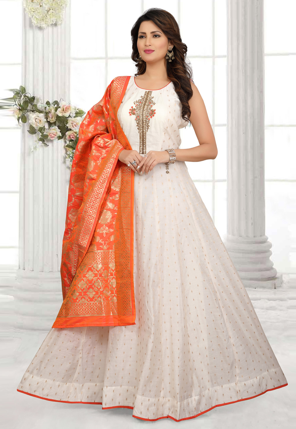 White Chanderi Readymade Abaya Style Anarkali Suit 200928