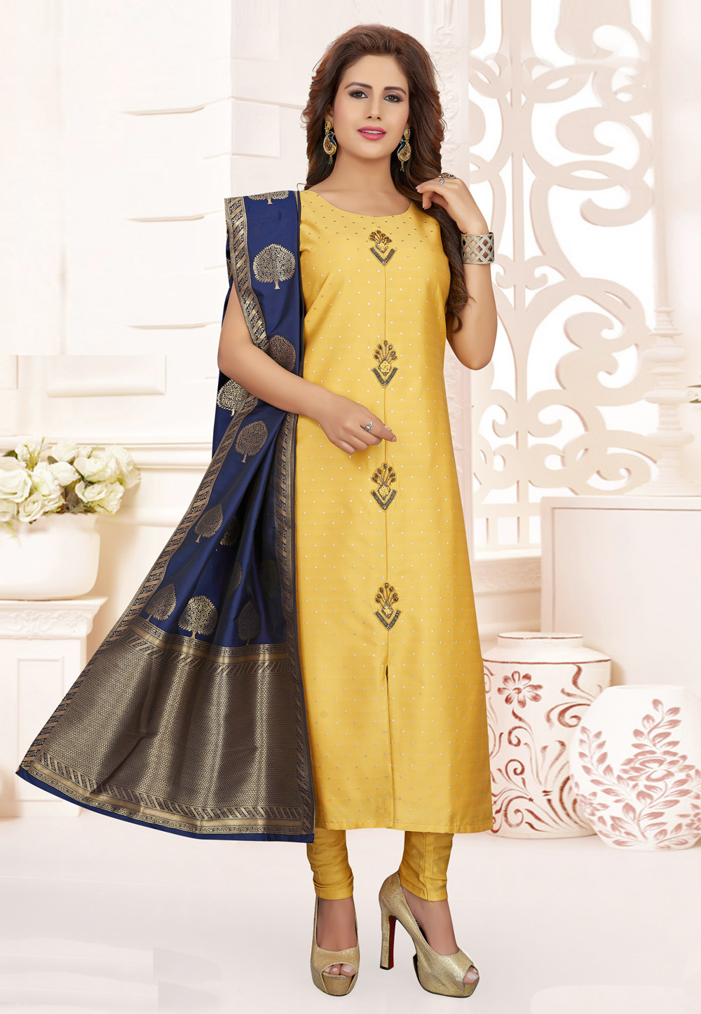 Yellow Silk Readymade Churidar Salwar Suit 210923