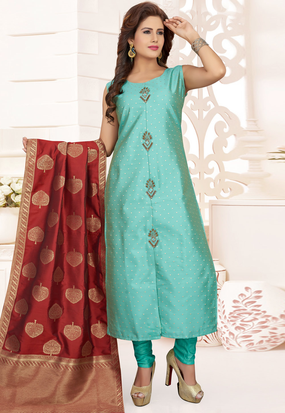 Turquoise Silk Readymade Churidar Suit 210925