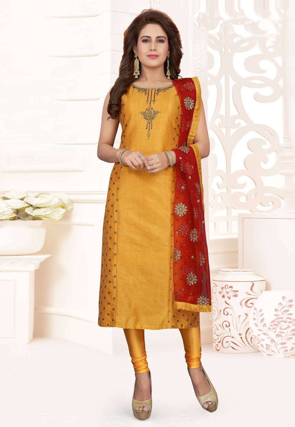 Mustard Silk Readymade Churidar Salwar Suit 210926