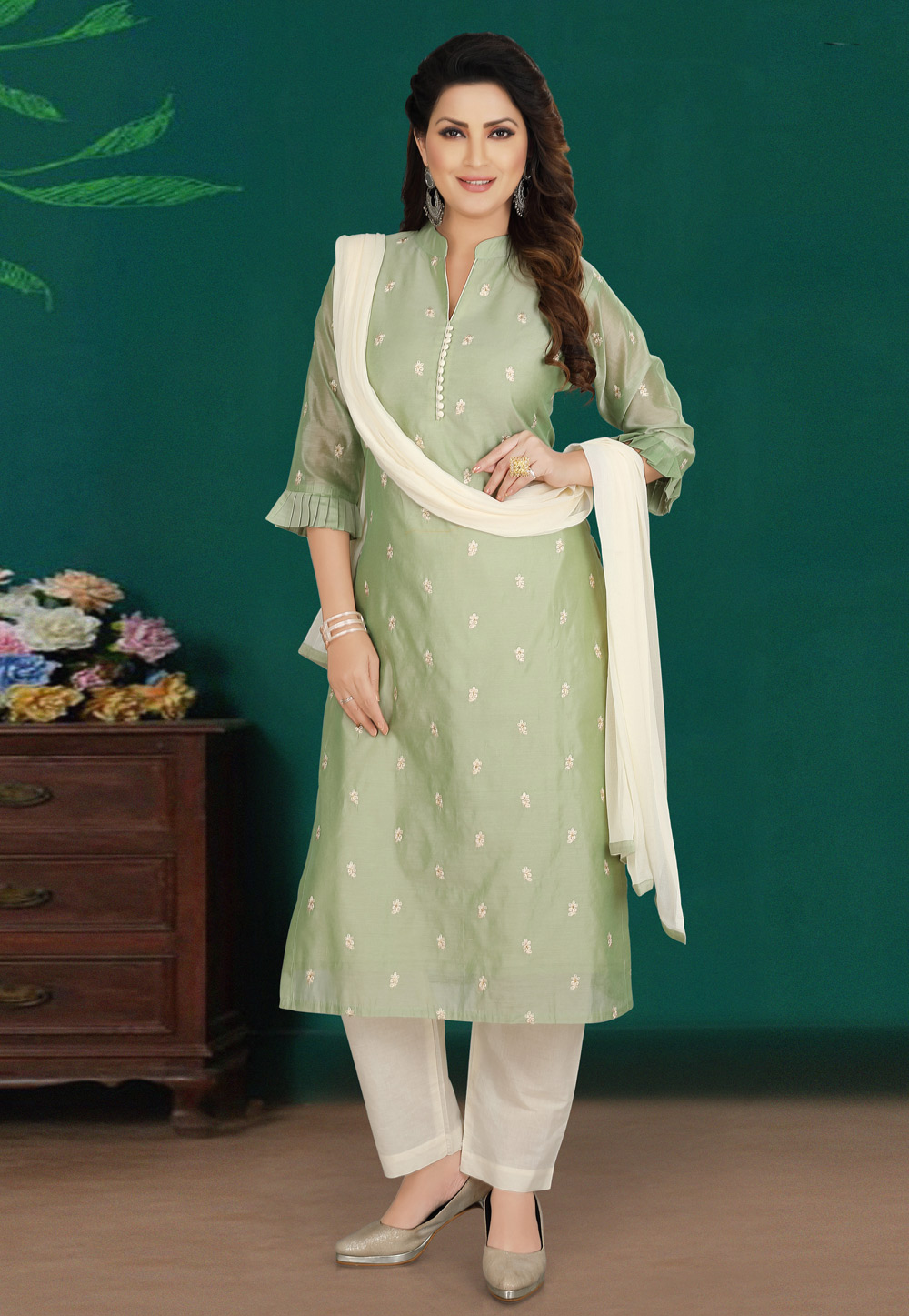 Pista Green Chanderi Readymade Pant Style Suit 210931