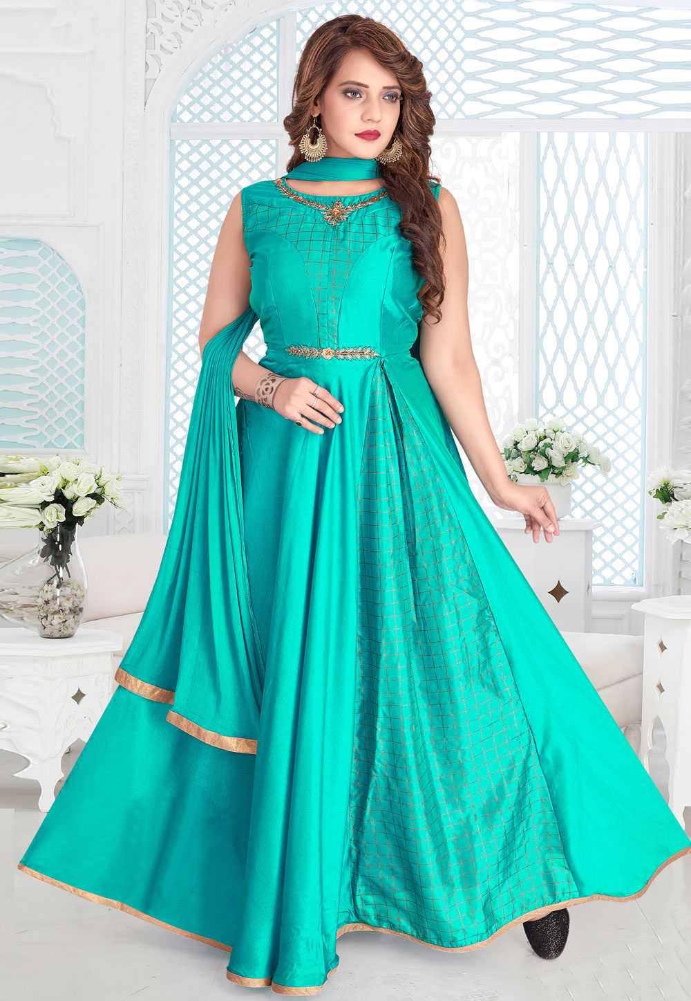 Turquoise Chanderi Ankle Length Anarkali Suit 210965