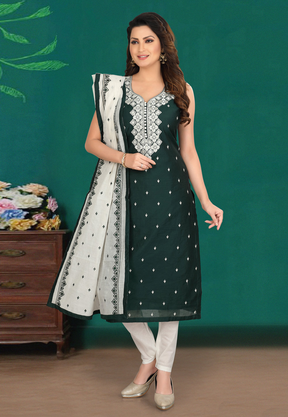 Green Cotton Readymade Pant Style Suit 210938