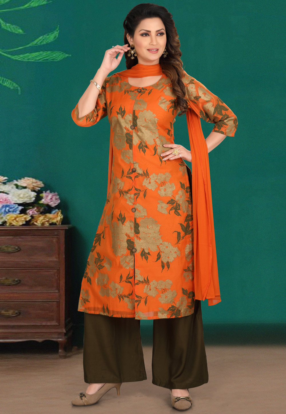 Orange Cotton Silk Readymade Palazzo Suit 210915