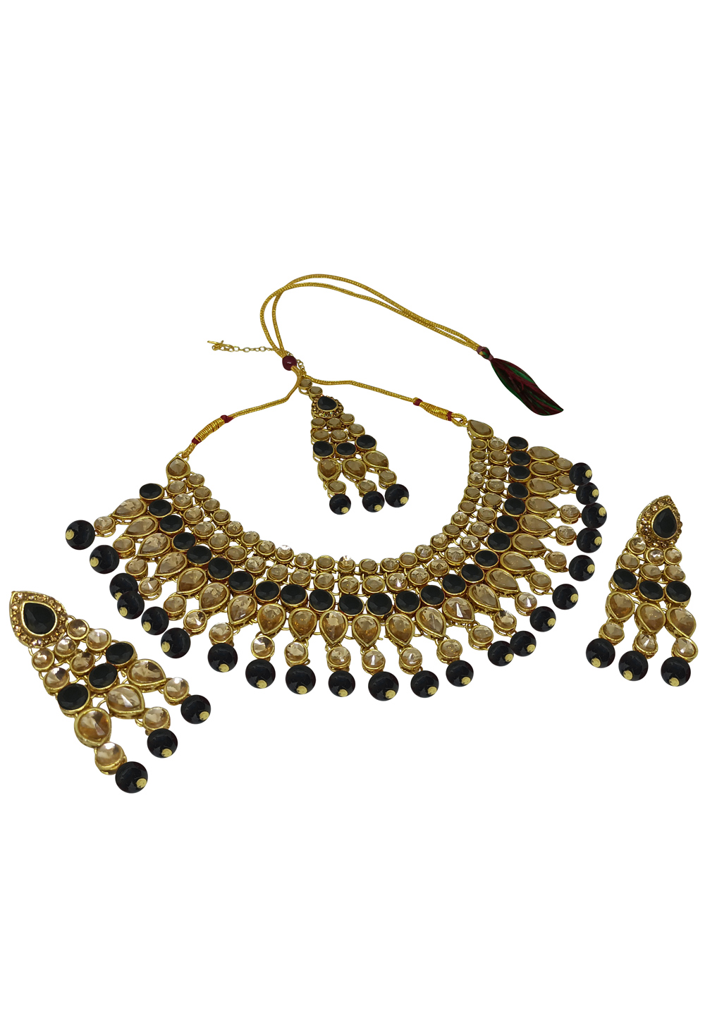 Black Alloy Austrian Diamonds and Kundan Necklace Set With Earrings and Maang Tikka 280097