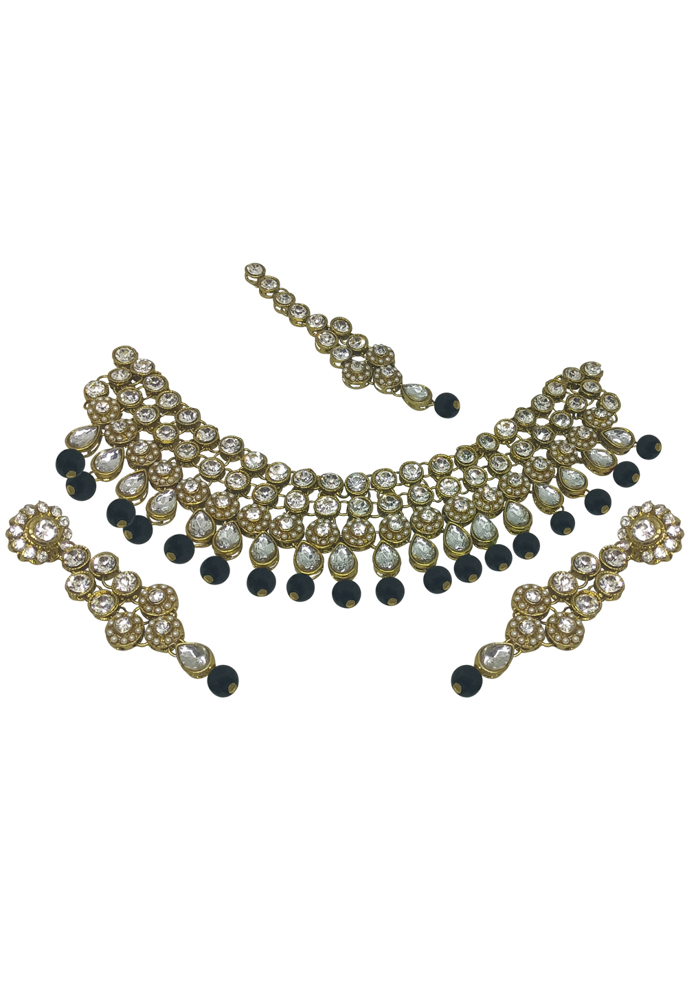 Black Alloy Austrian Diamonds and Kundan Necklace Set With Earrings and Maang Tikka 280120