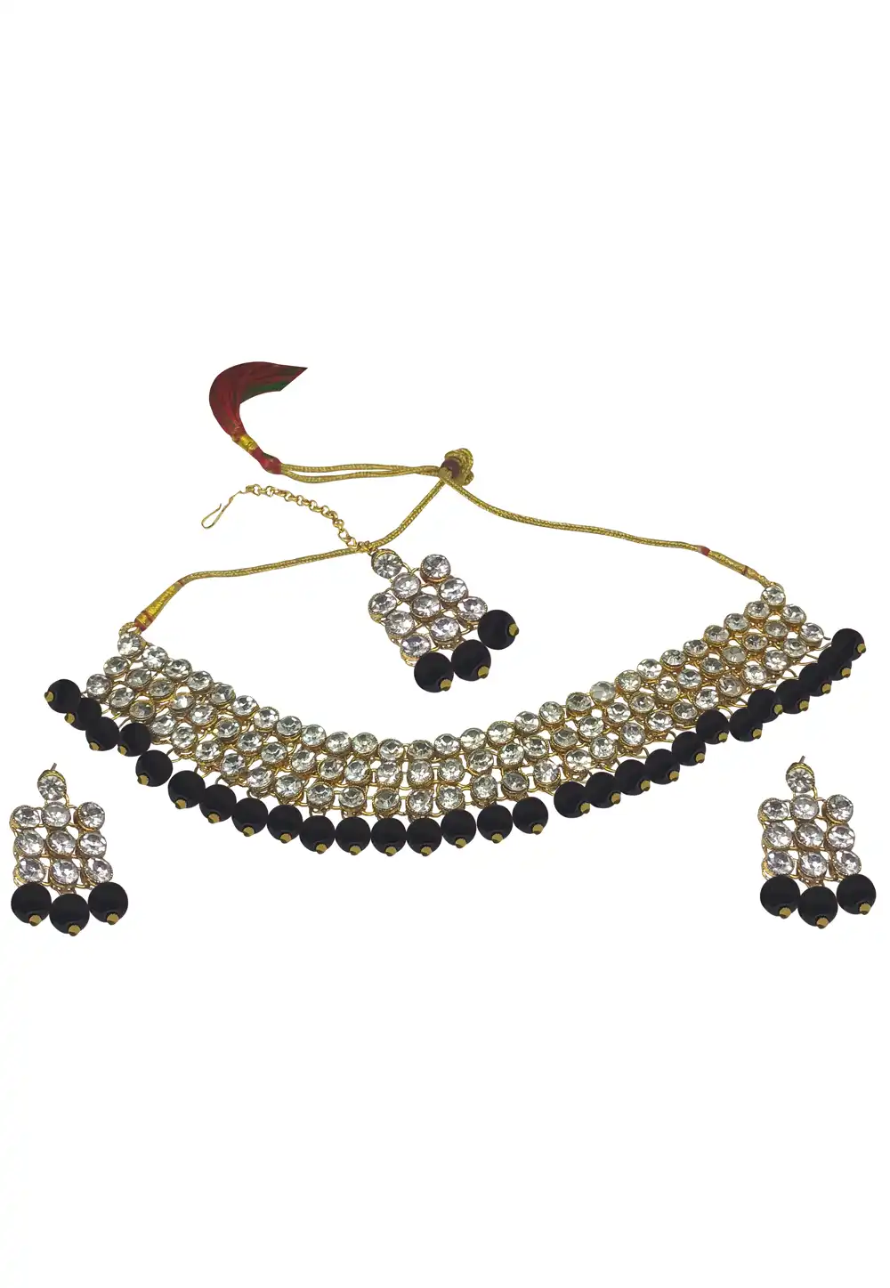 Black Alloy Austrian Diamonds and Kundan Necklace Set With Earrings and Maang Tikka 289938