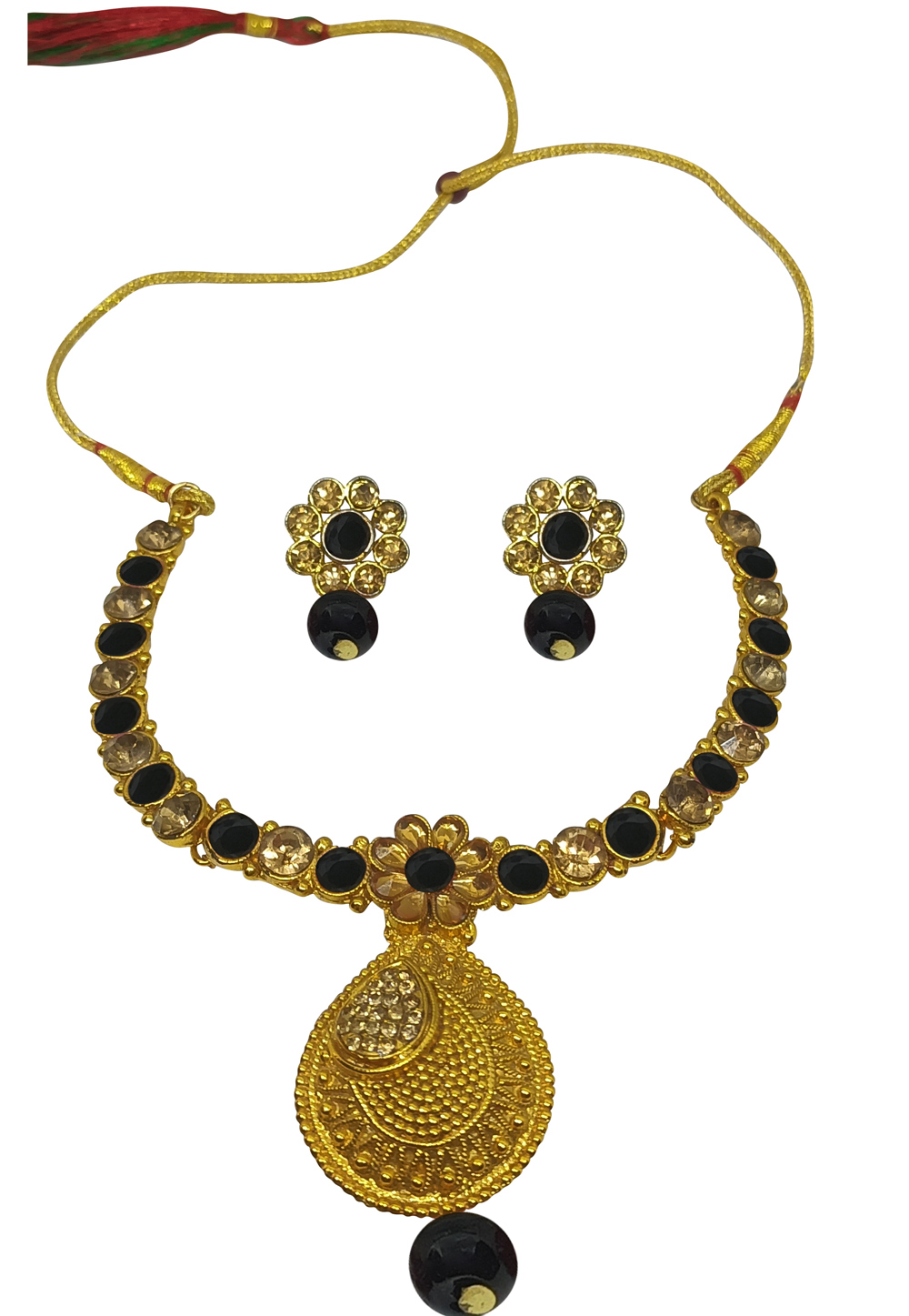 Black Alloy Austrian Diamonds and Kundan Necklace With Earrings 280107