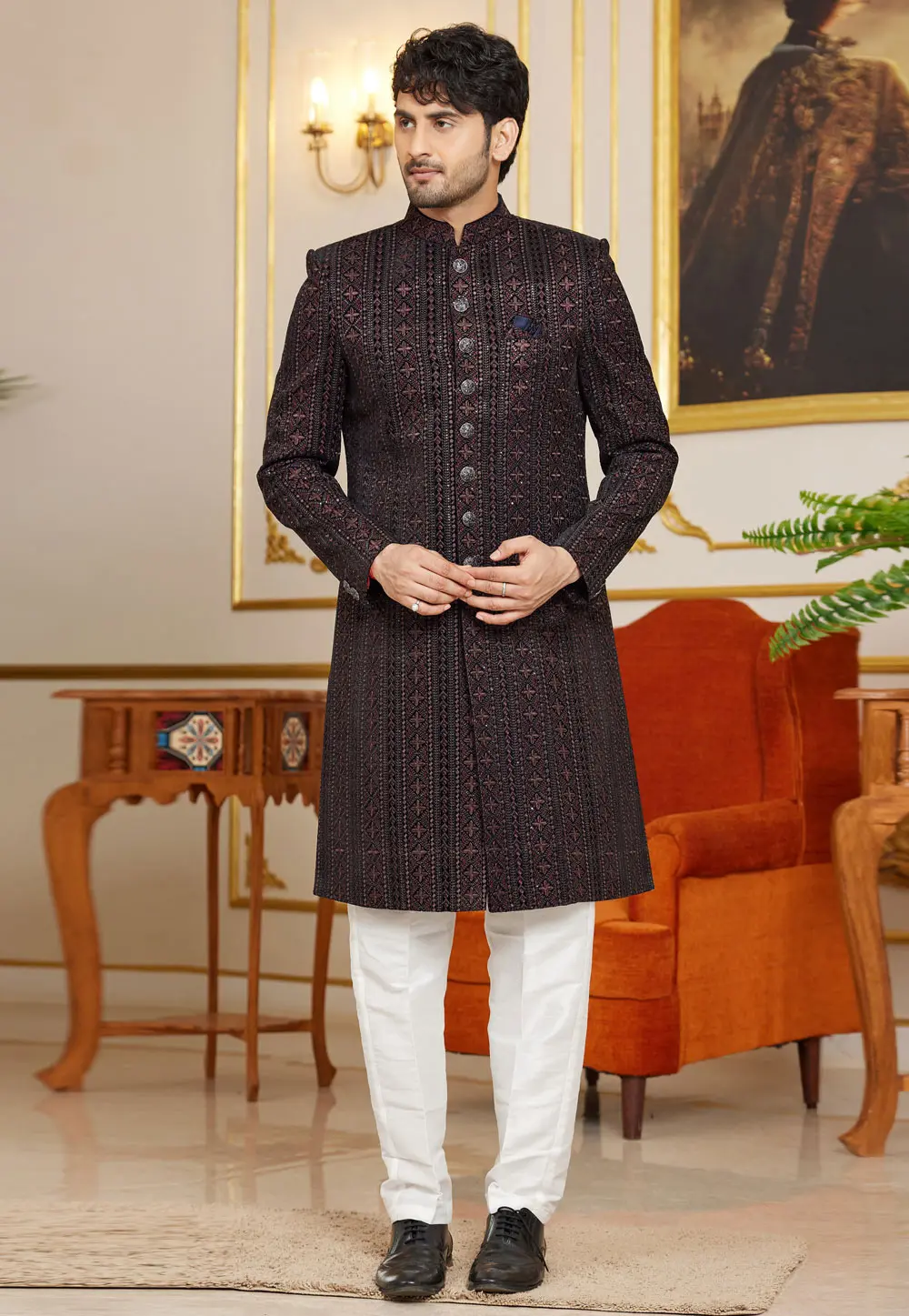 Black Art Silk Indo Western Sherwani 302213