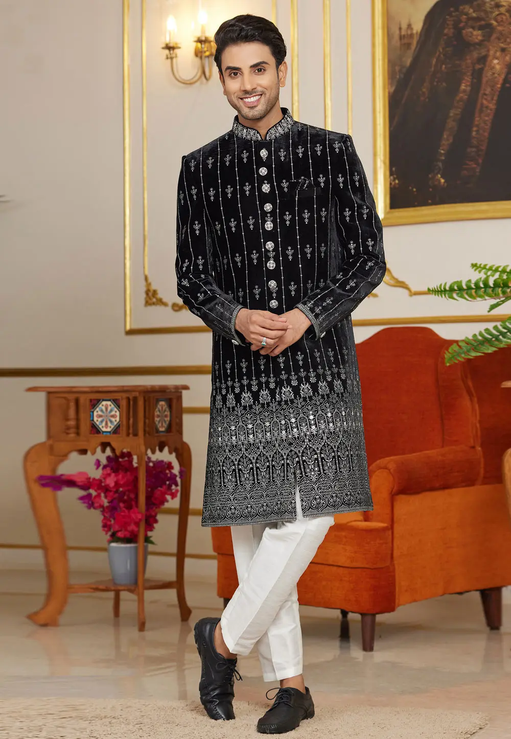 Black Art Silk Indo Western Sherwani 302215