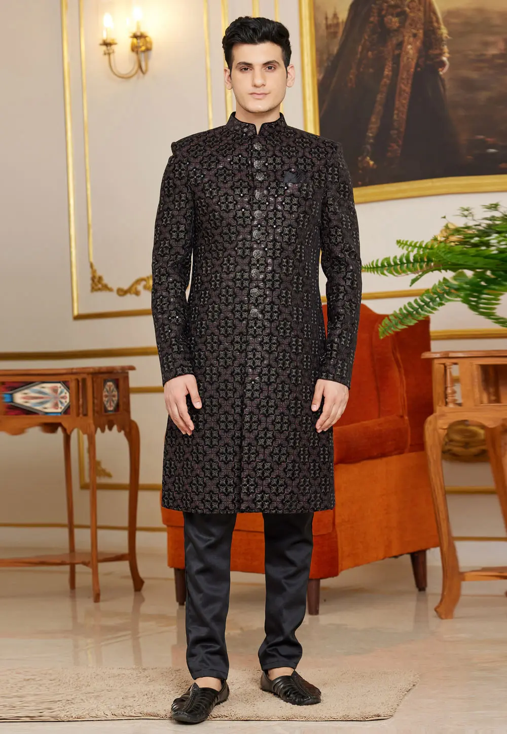 Black Art Silk Indo Western Sherwani 302216