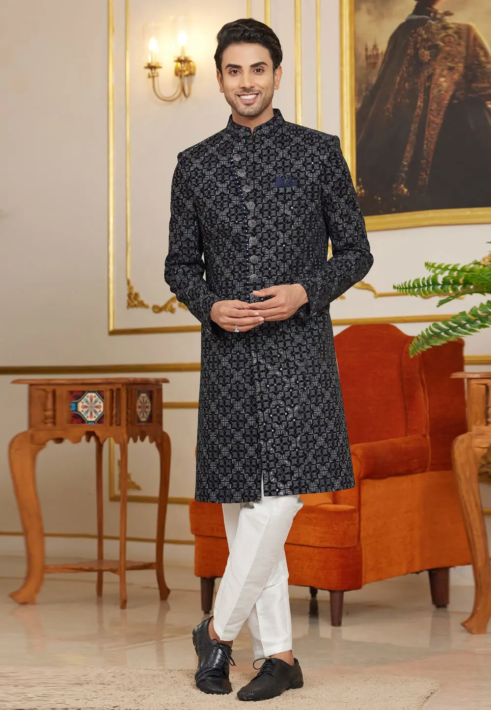 Black Art Silk Indo Western Sherwani 302217