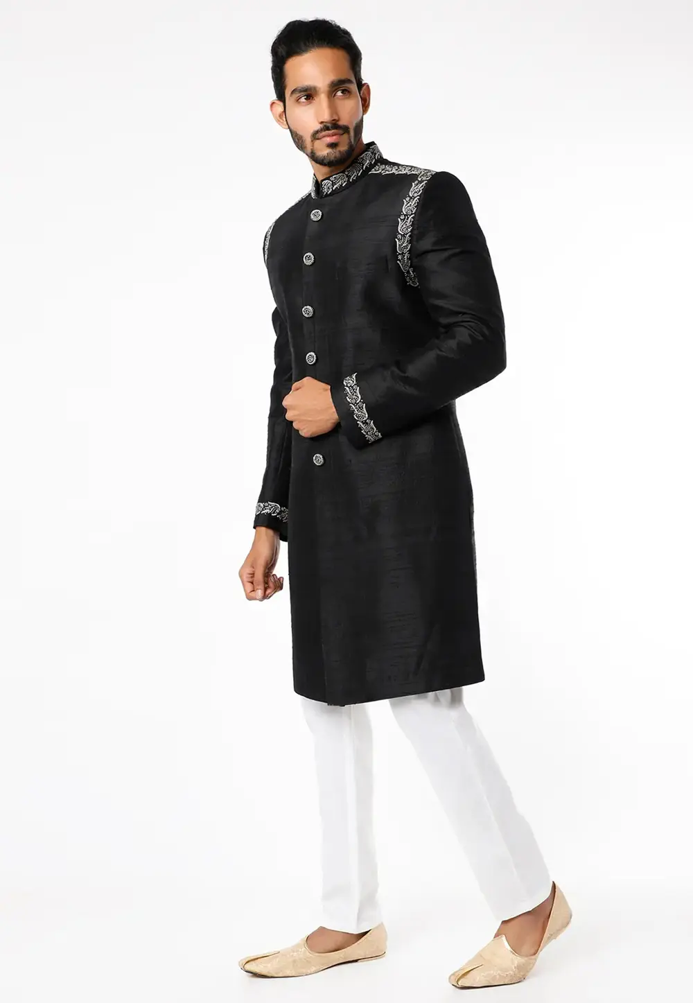 Black Art Silk Indo Western Sherwani 300172