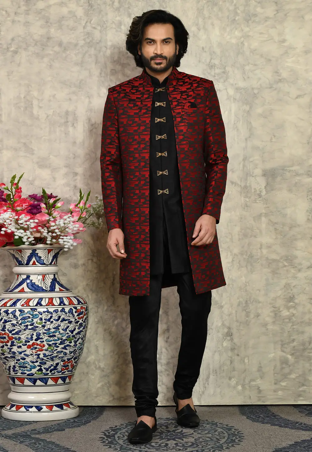 Black Art Silk Indo Western Sherwani 295441