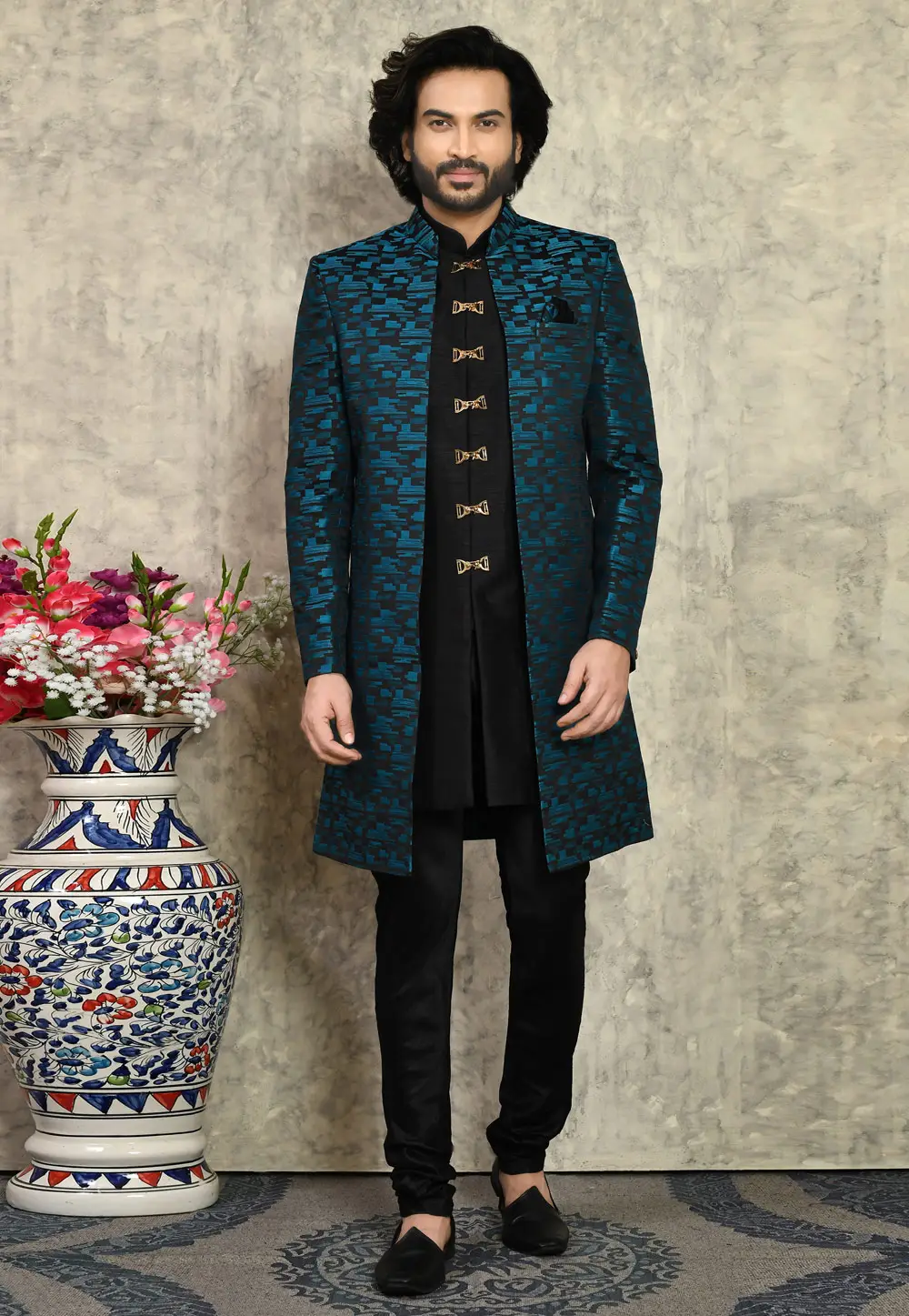 Black Art Silk Indo Western Sherwani 295442