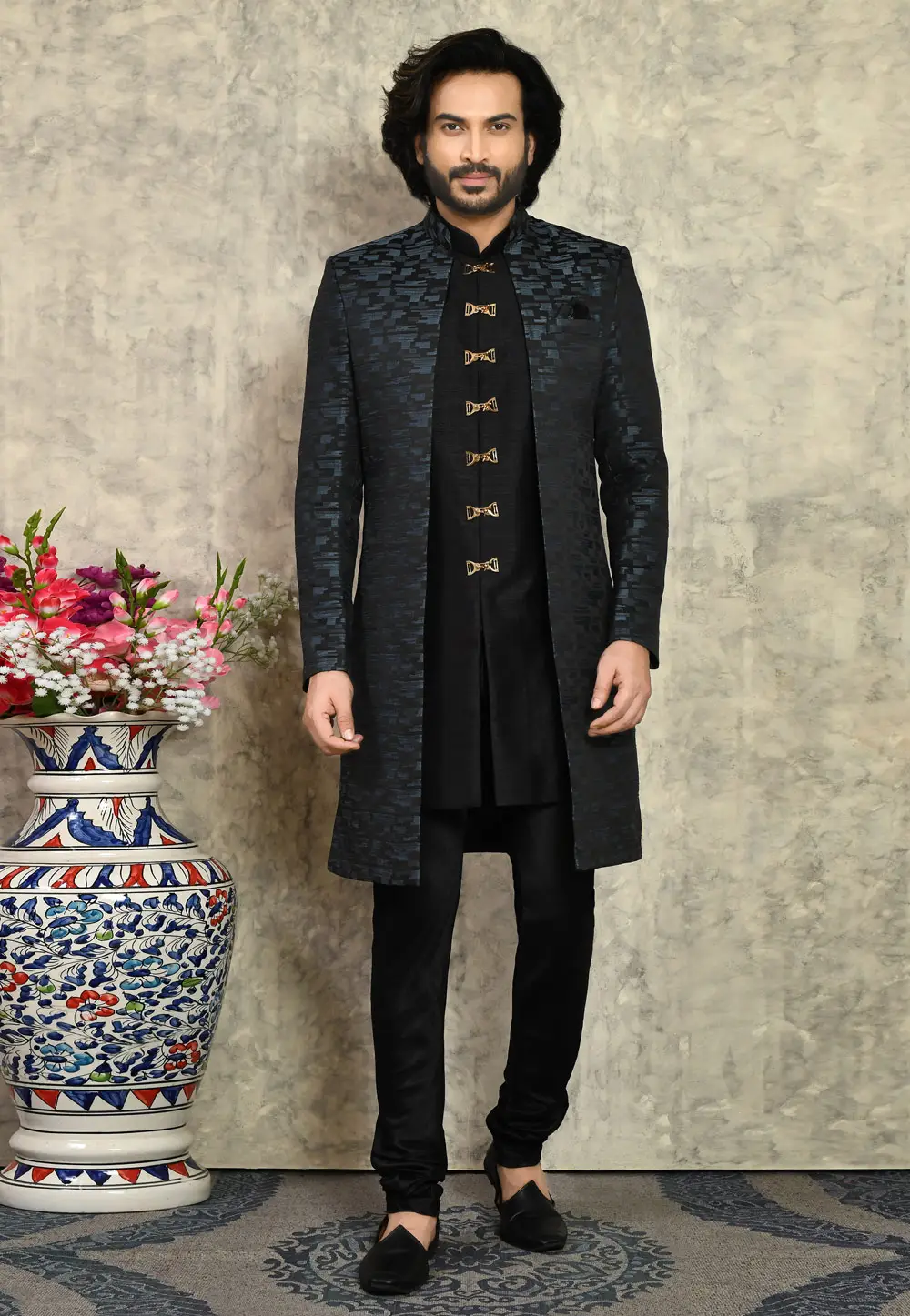 Black Art Silk Indo Western Sherwani 295443