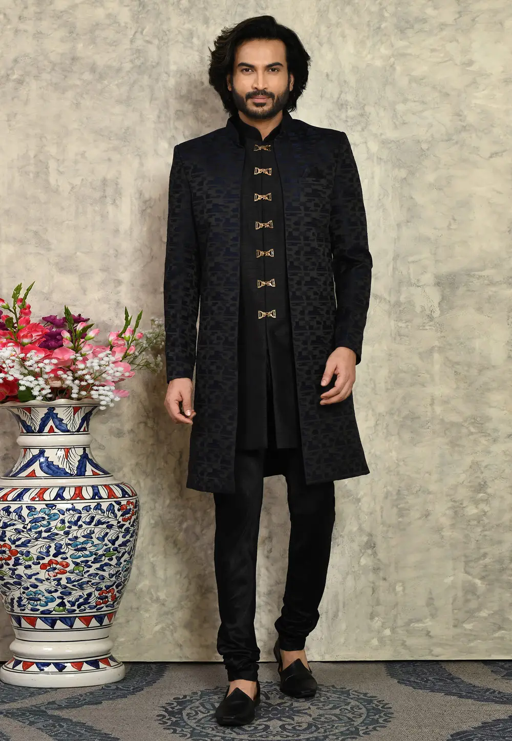 Black Art Silk Indo Western Sherwani 295444