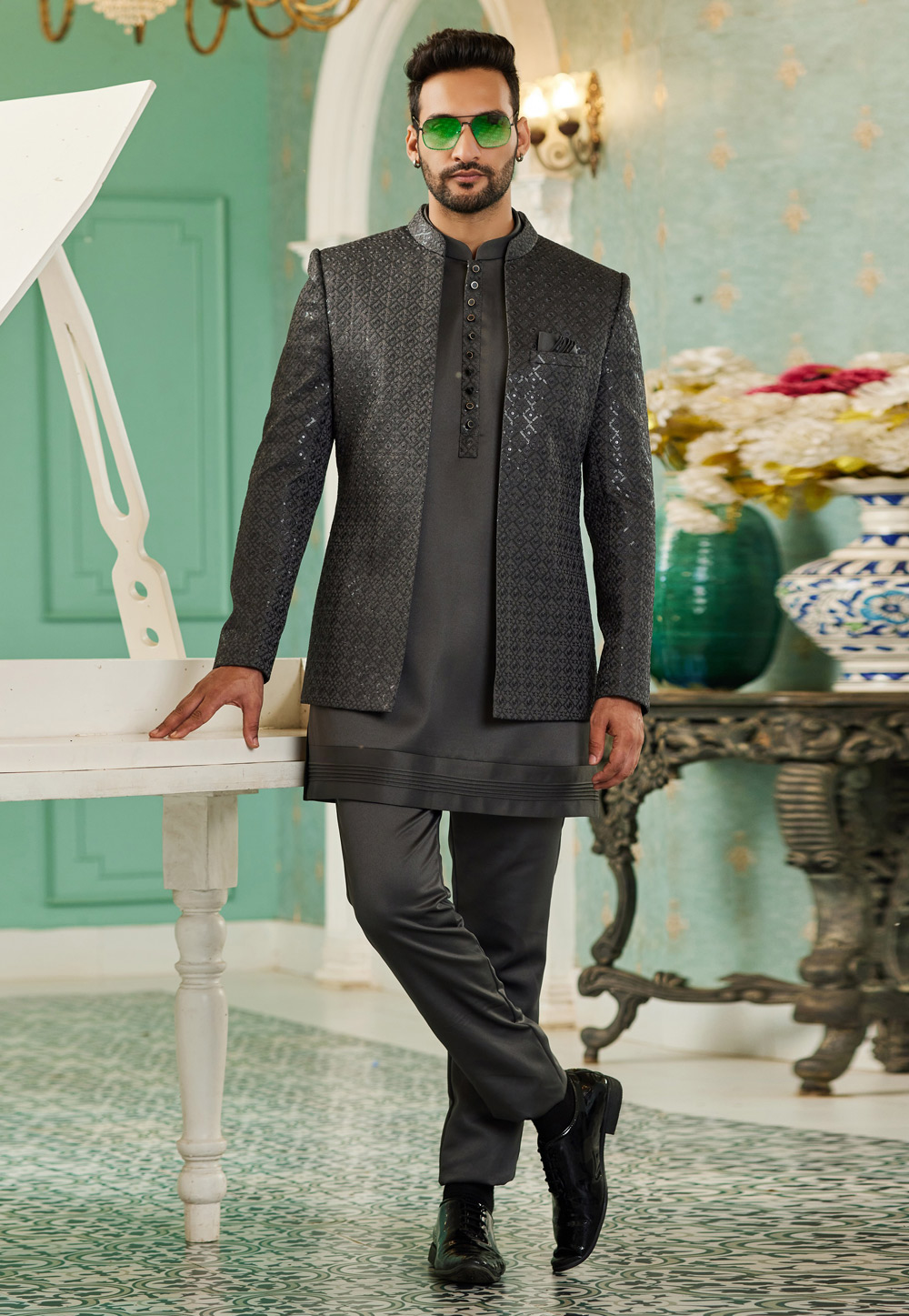 Black Art Silk Indo Western Suit 278292