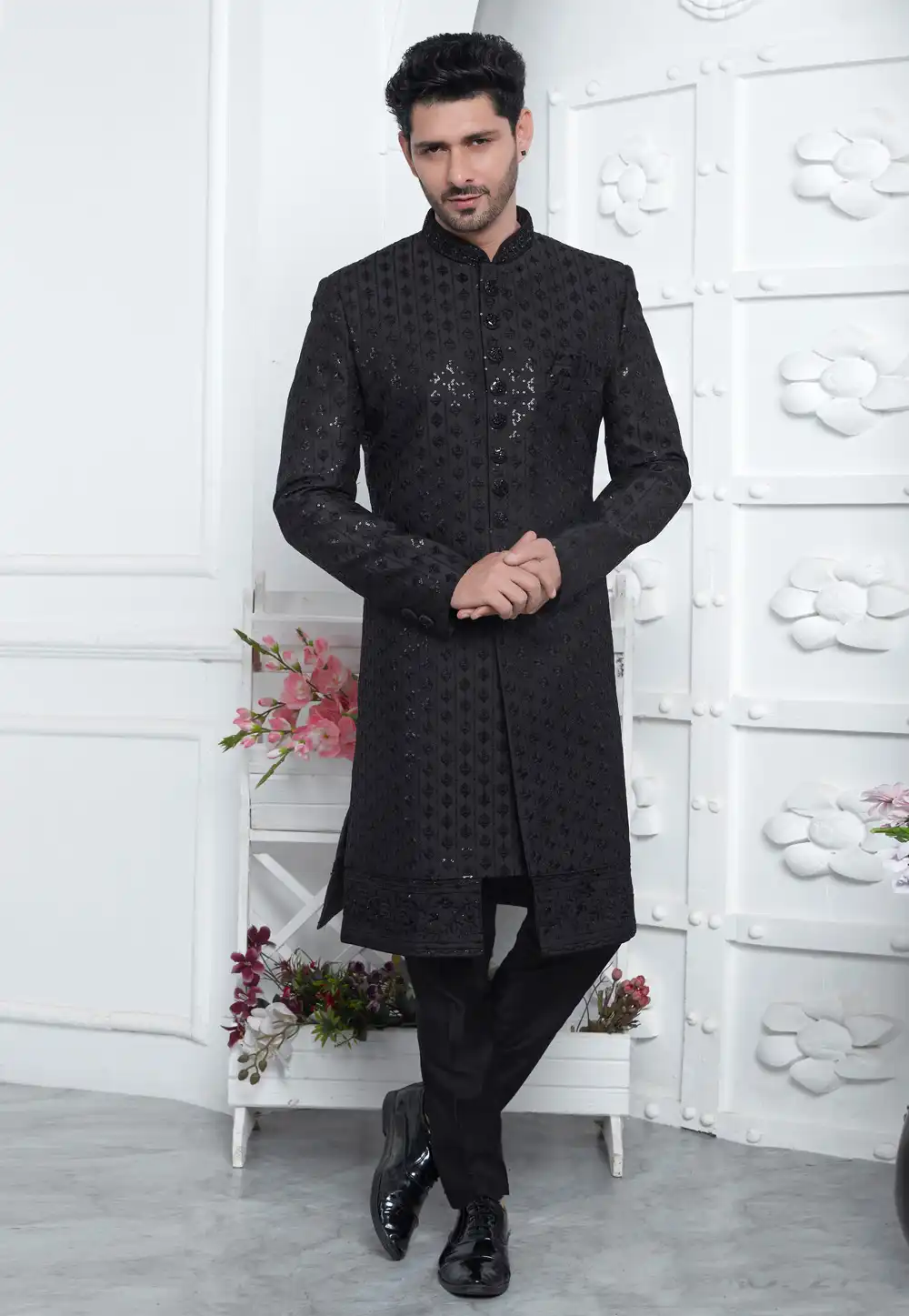 Black Art Silk Indo Western Suit 291289