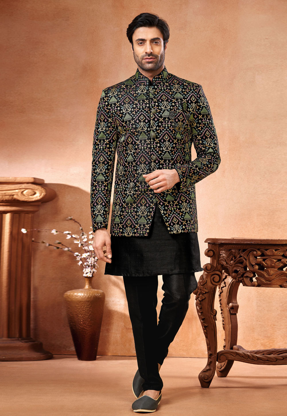 Black Art Silk Indo Western Suit 280255