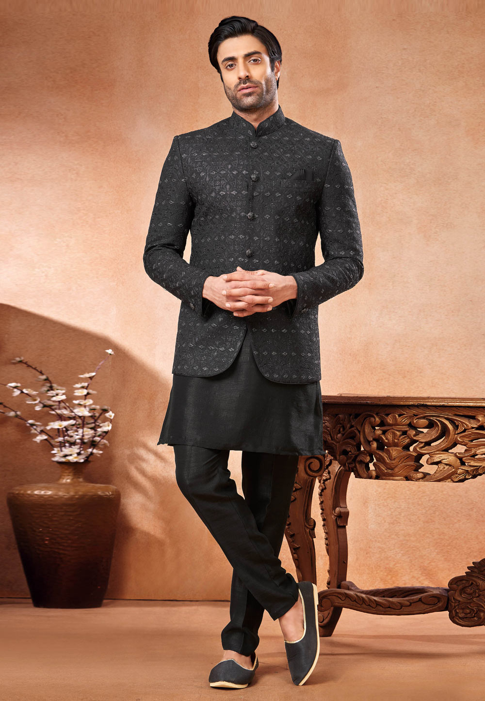 Black Art Silk Indo Western Suit 280257