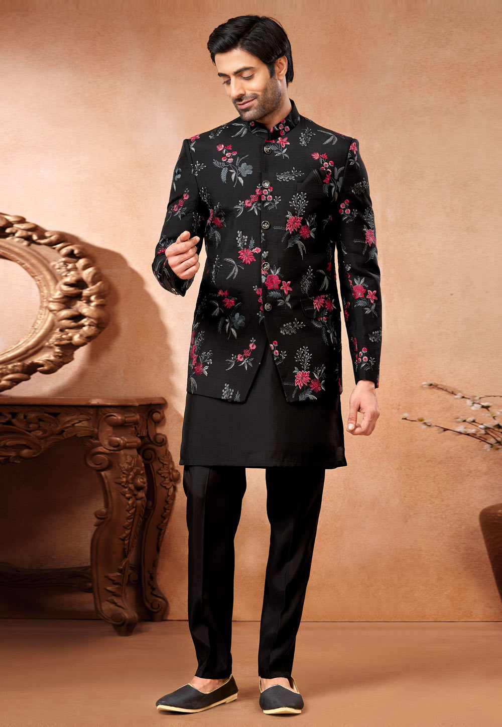 Black Art Silk Indo Western Suit 280260