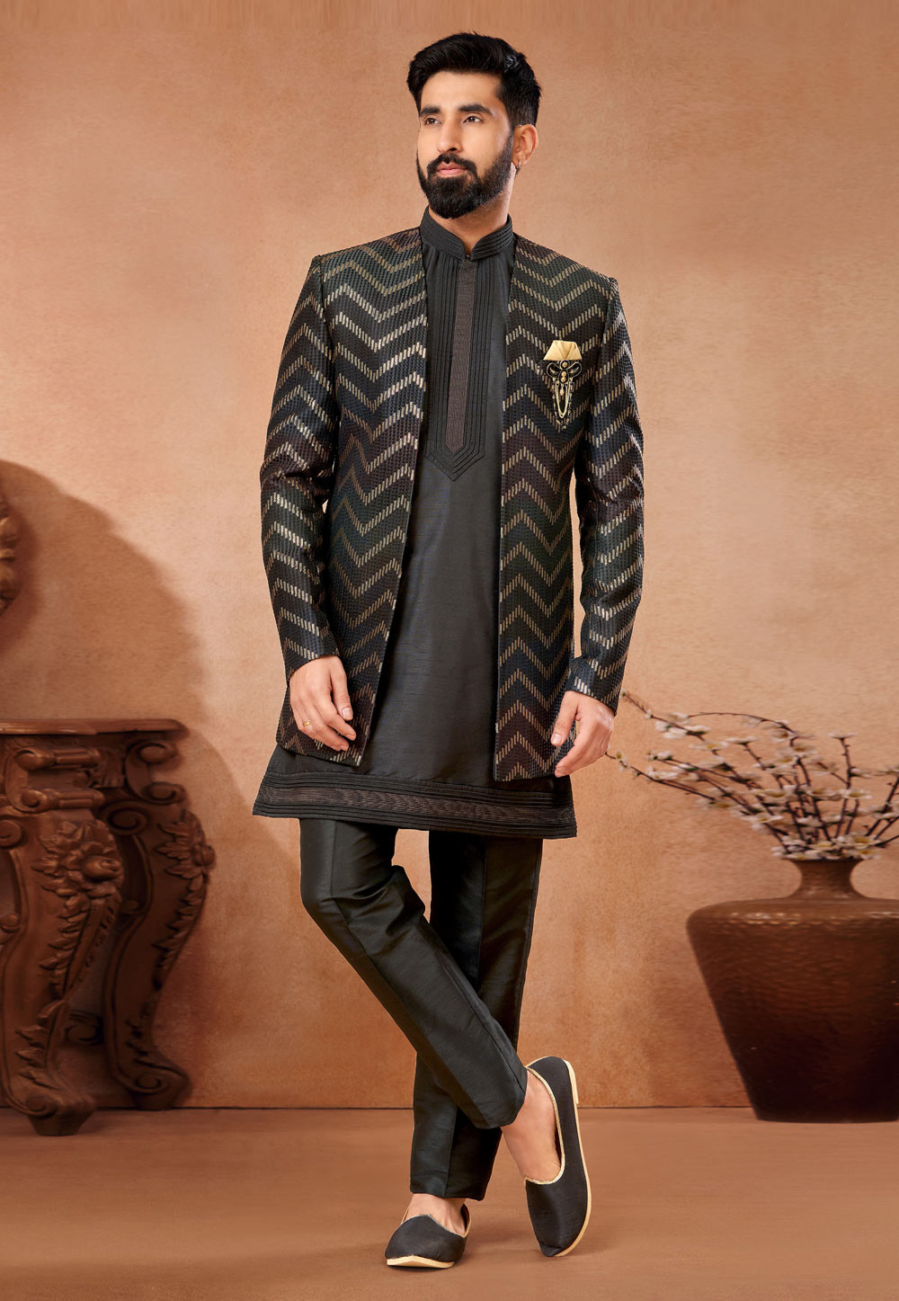 Black Art Silk Indo Western Suit 280278