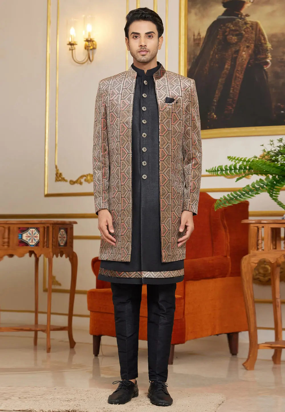 Black Art Silk Jacket Style Sherwani 302210