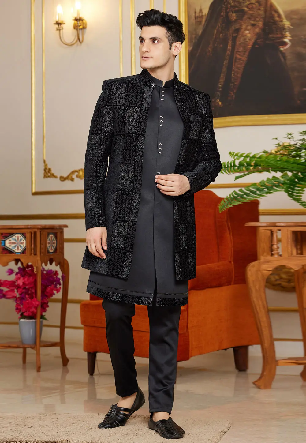 Black Art Silk Jacket Style Sherwani 302212