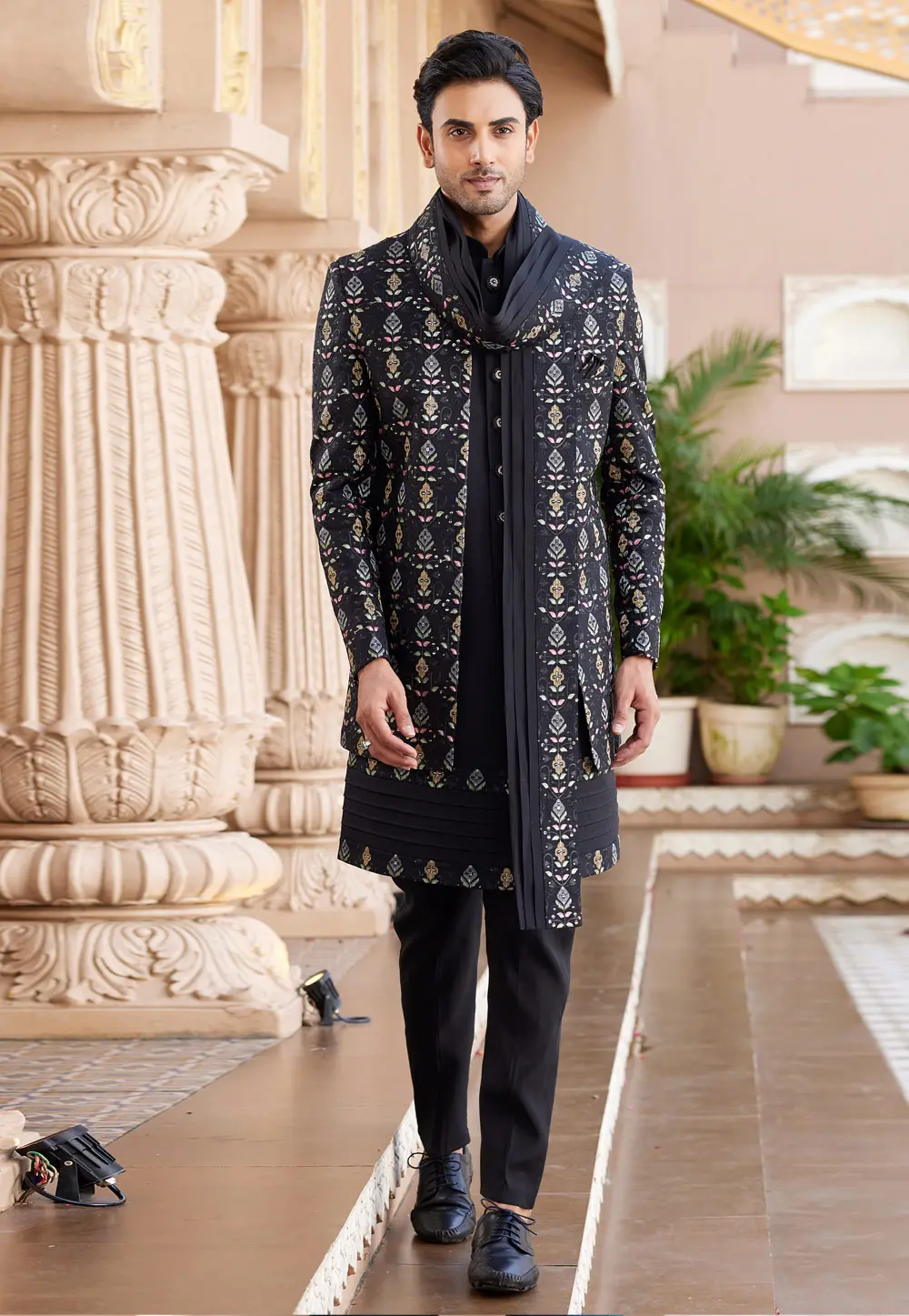 Black Art Silk Jacket Style Sherwani 304336