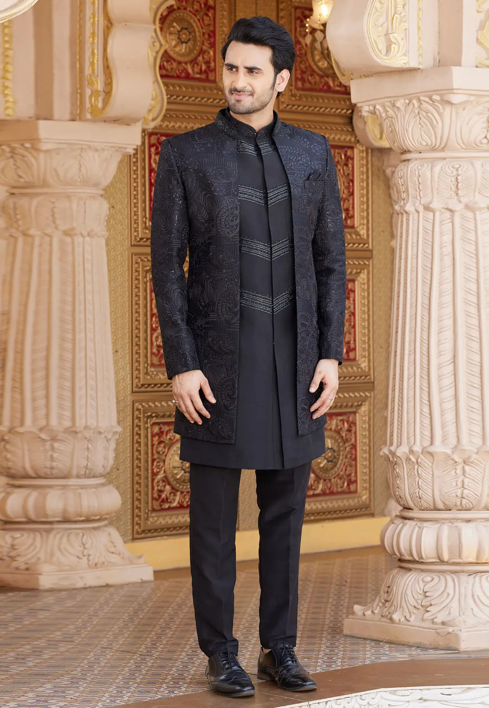 Black Art Silk Jacket Style Sherwani 304345