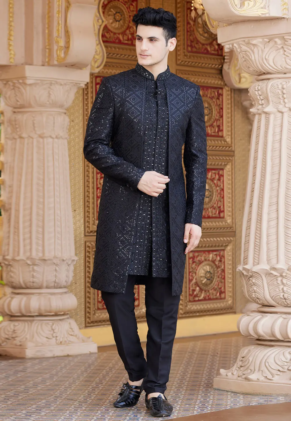 Black Art Silk Jacket Style Sherwani 304349