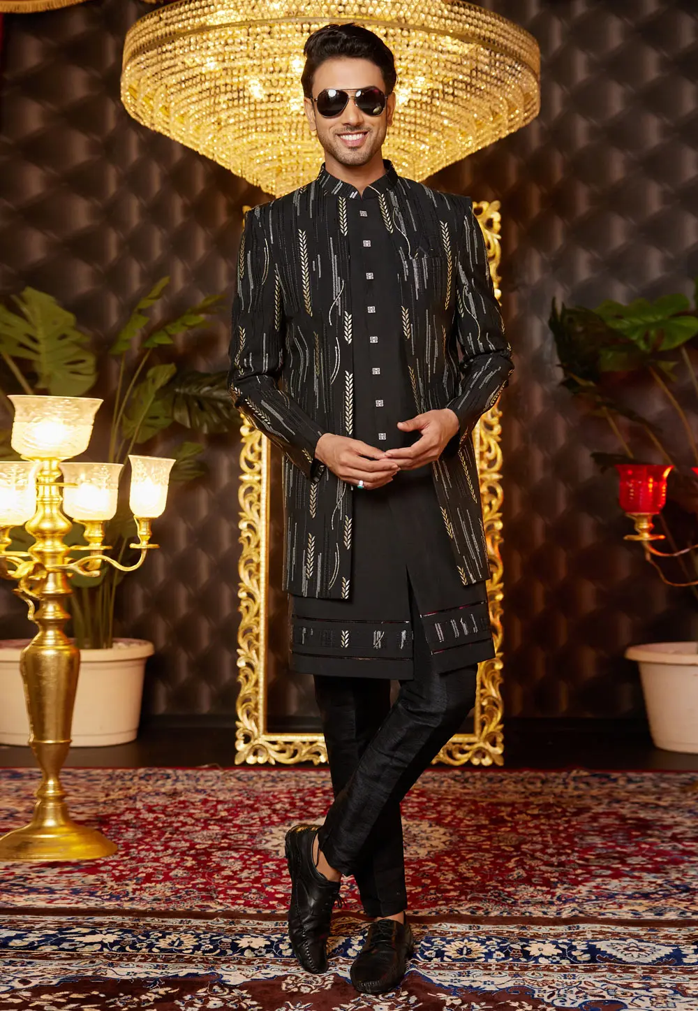 Black Art Silk Jacket Style Sherwani 299188