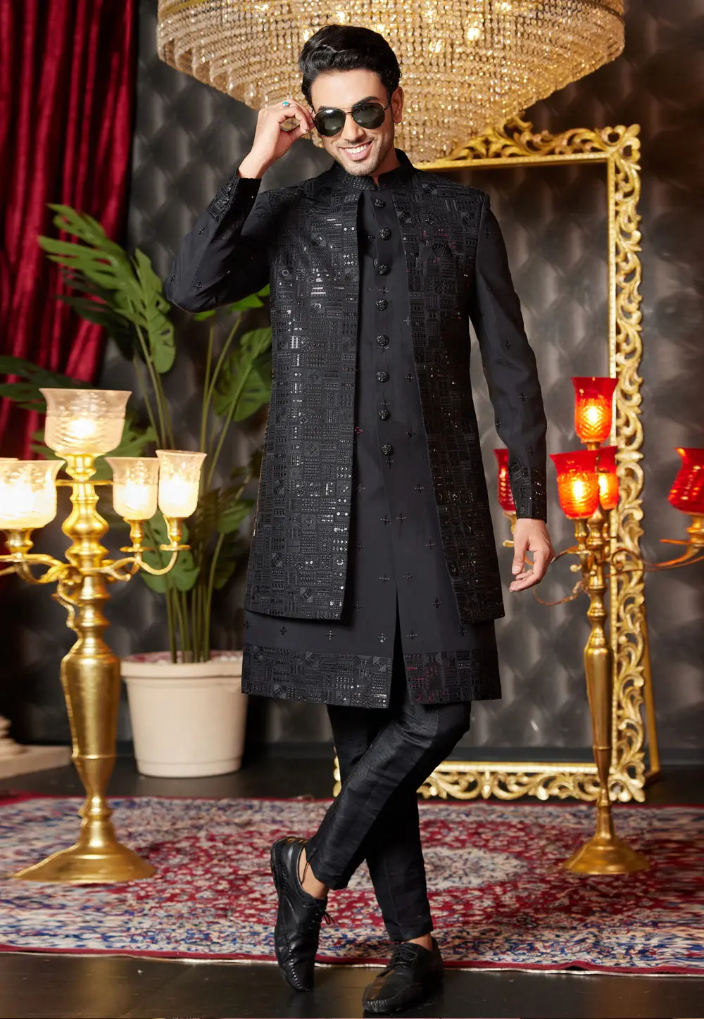 Black Art Silk Jacket Style Sherwani 299191