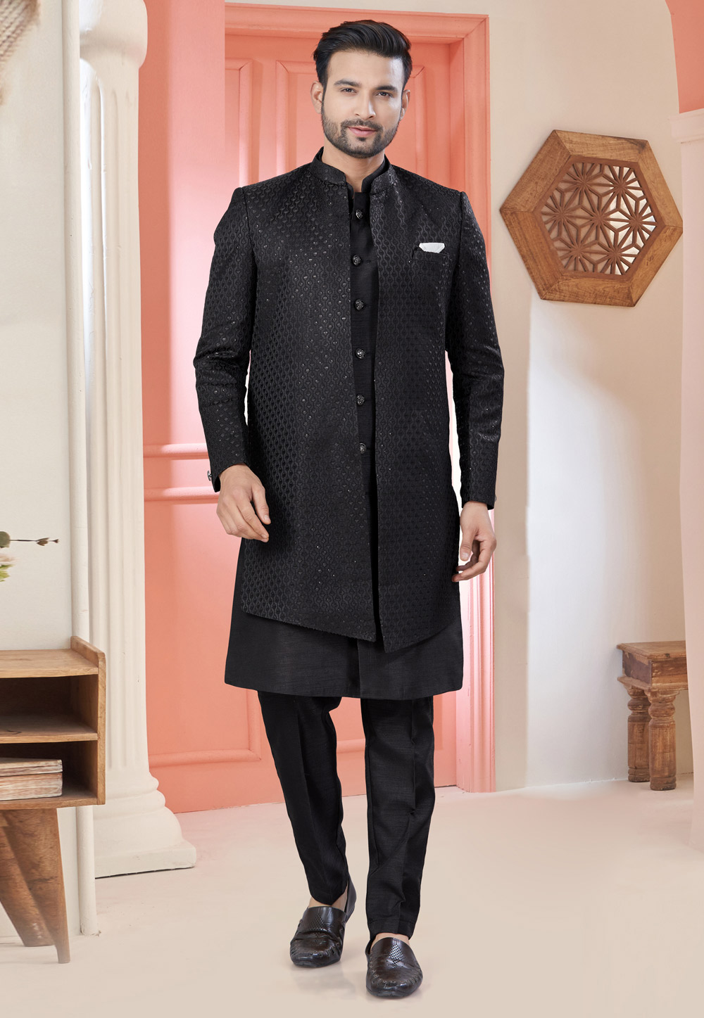 Black Art Silk Jacket Style Sherwani 304926