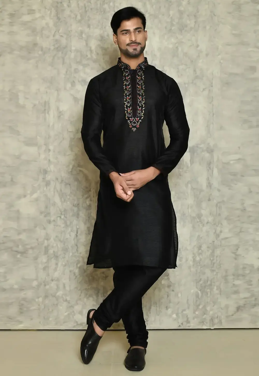 Black Art Silk Kurta Pajama 300746