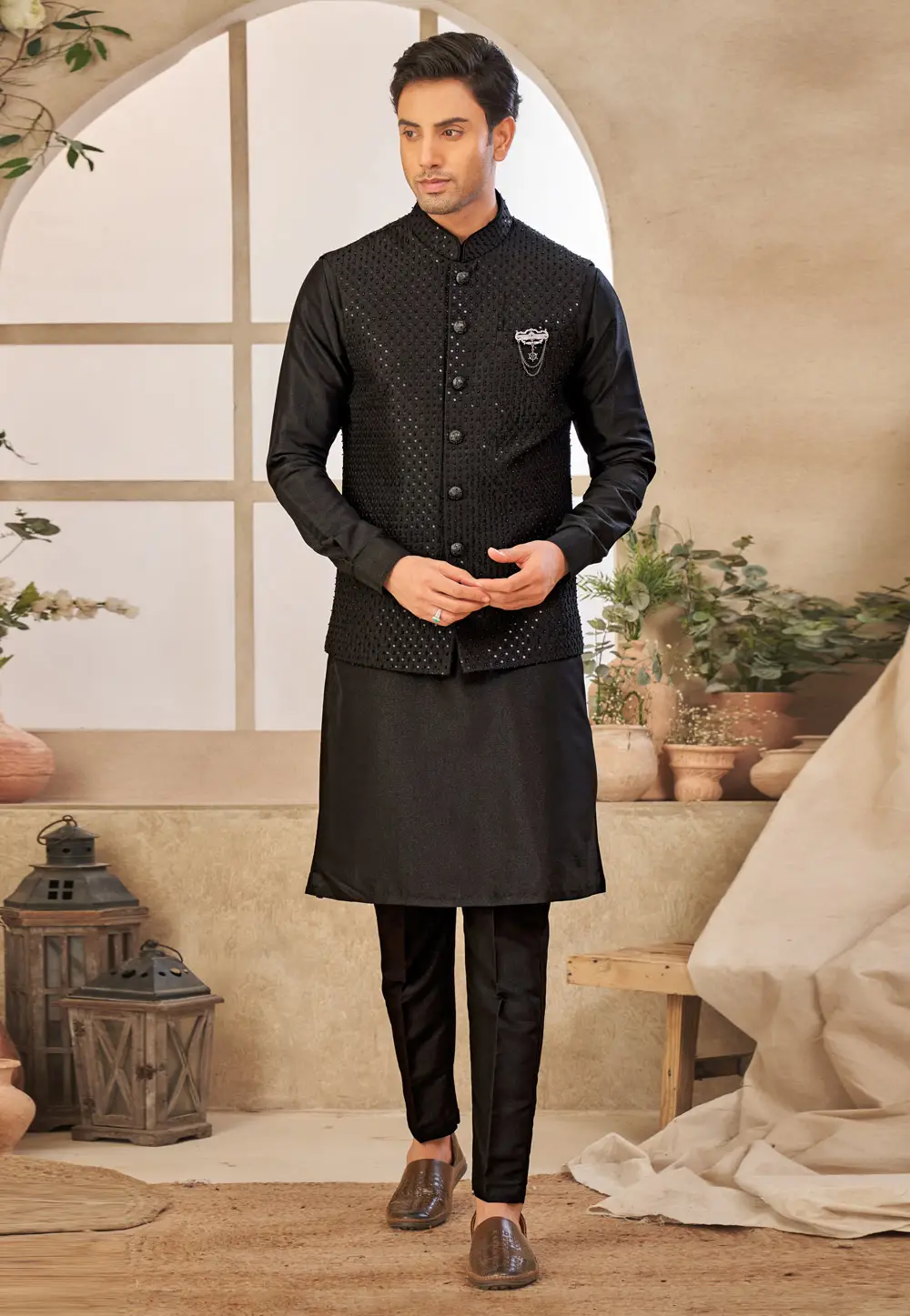 Black Art Silk Kurta Pajama With Jacket 296629