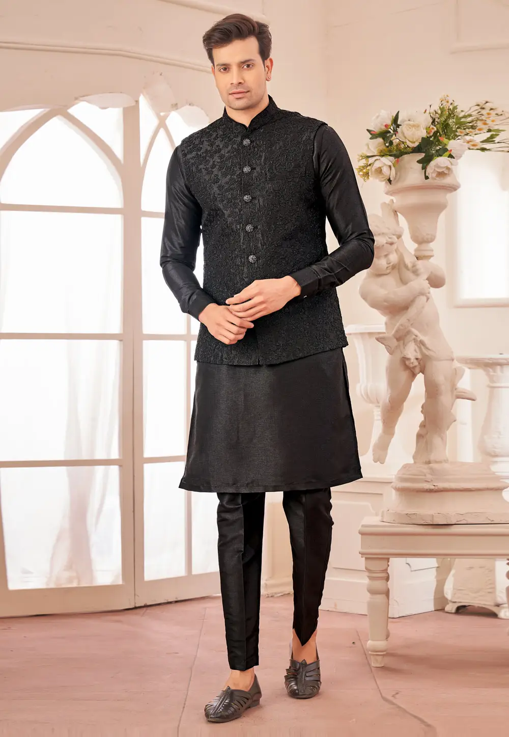 Black Art Silk Kurta Pajama With Jacket 296644