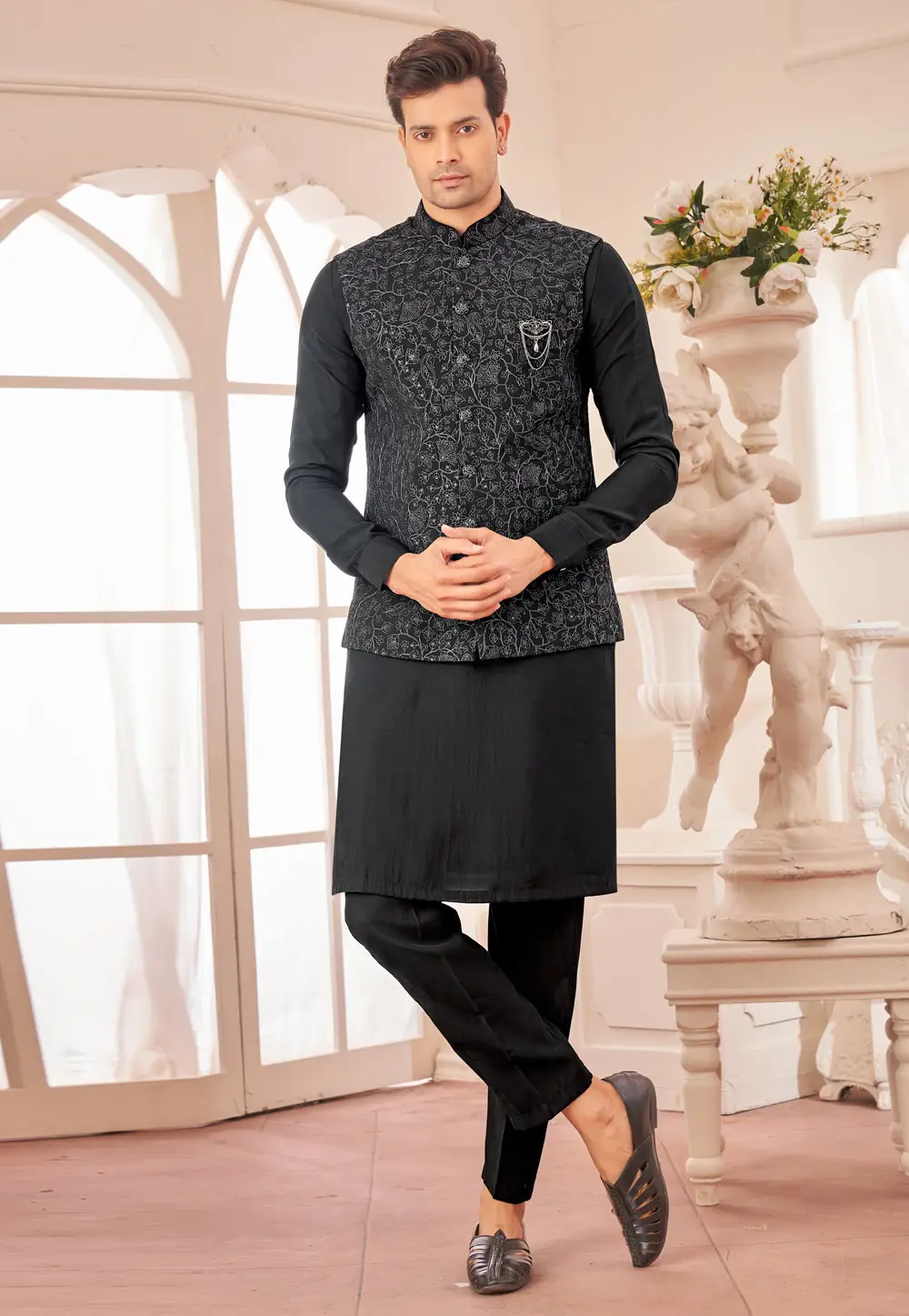 Black Art Silk Kurta Pajama With Jacket 296655