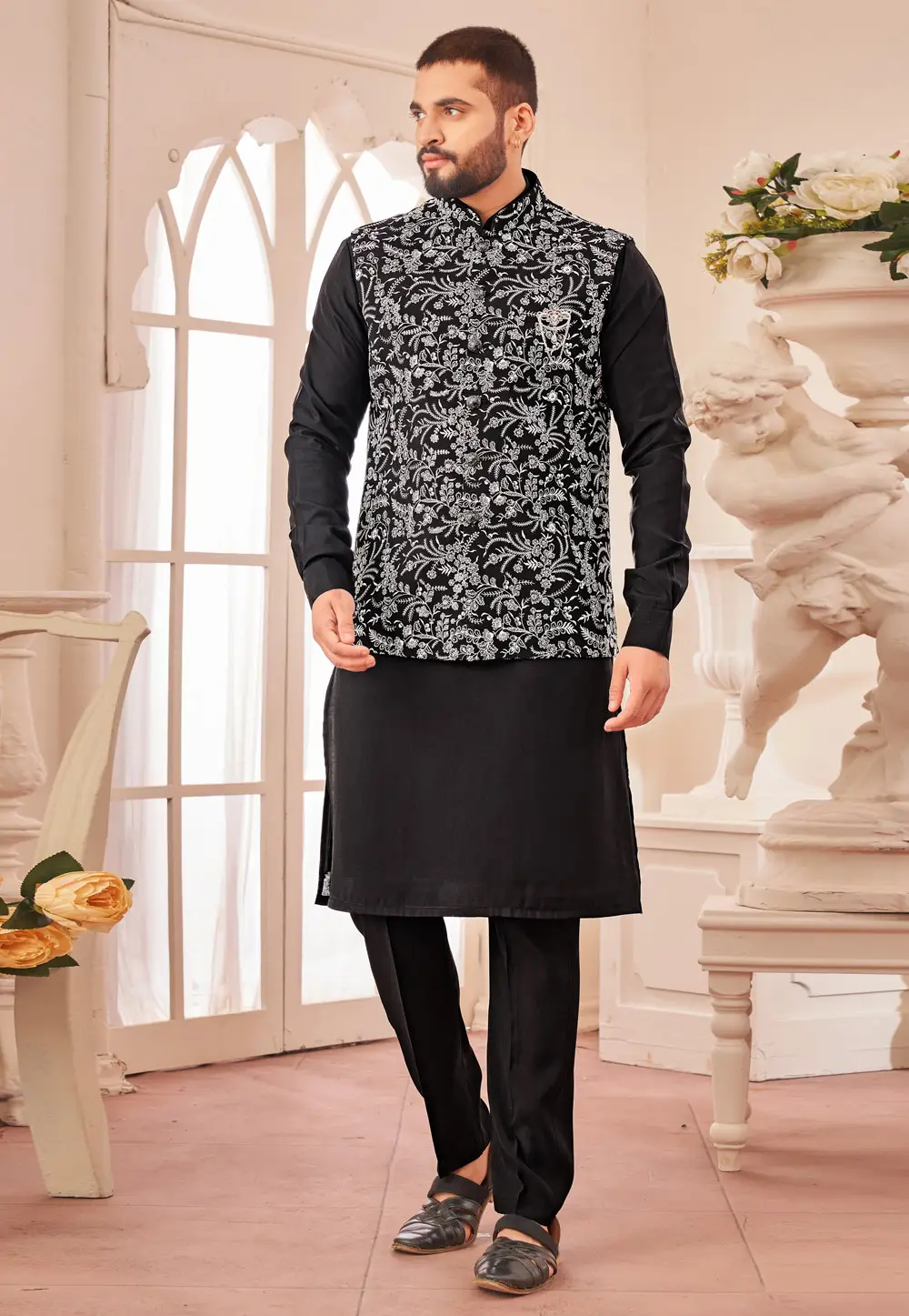 Black Art Silk Kurta Pajama With Jacket 296673